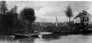 De haven in 1900. Rechts stond van 1912-1959 de gasfabriek